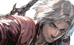 Rule 34 | 1boy, blue eyes, close-up, dante (devil may cry), devil may cry (series), devil may cry 5, facial hair, jacket, looking at viewer, male focus, medium hair, mita chisato, portrait, red jacket, smile, solo, stubble, sword, weapon, weapon on back, white background, white hair