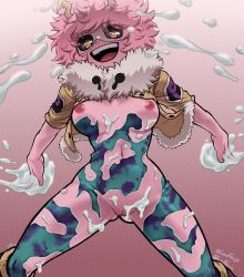 Rule 34 | 1girl, absurdres, ashido mina, black sclera, boku no hero academia, breasts, colored sclera, colored skin, dissolving clothes, fur collar, highres, horns, jacket, large breasts, lord guyis, navel, nipples, open mouth, pink hair, pink skin, pussy, self-upload, smile, torn clothes, yellow eyes