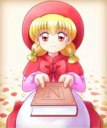 Rule 34 | 1990s (style), 1girl, absurdres, akazukin chacha, blonde hair, book, brown eyes, chacha, facing viewer, feet out of frame, giving, highres, hood, looking at viewer, medium hair, netscape, pink shirt, retro artstyle, shirt, simple background, smile, solo, standing, tagme, twintails