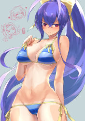 Rule 34 | 3girls, absurdres, antenna hair, arc system works, background characters, bikini, bikini top lift, blazblue, blazblue: central fiction, blazblue variable heart, blue bikini, blue hair, blush, bow, breasts, character request, cleavage, closed eyes, clothes lift, genderswap, genderswap (mtf), grey background, hair bow, hair ornament, heart, highres, large breasts, light frown, long hair, looking to the side, mai natsume, multiple girls, pink eyes, ponytail, ribbon, side-tie bikini bottom, simple background, sweat, swimsuit, tan, tanline, underboob, very long hair, yomogi (bread)