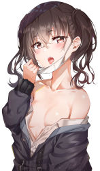 Rule 34 | 1girl, :o, absurdres, bare shoulders, black jacket, blush, breasts, breasts apart, brown eyes, brown hair, collarbone, commentary request, hair between eyes, hand up, highres, idolmaster, idolmaster cinderella girls, jacket, long hair, long sleeves, looking at viewer, mask, mask pull, mouth mask, off shoulder, open clothes, open jacket, open mouth, partially unbuttoned, revision, sharp teeth, shirt, simple background, small breasts, solo, sunazuka akira, sunhyun, surgical mask, teeth, tongue, tongue out, twintails, upper body, wavy hair, white background, white shirt