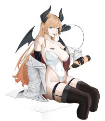Rule 34 | 1girl, alcohol, bare shoulders, bat tattoo, black gloves, black horns, black pantyhose, black thighhighs, blonde hair, blue eyes, bottle, breast tattoo, breasts, cleavage, coat, cookook, covered navel, demon girl, demon horns, demon tail, demon wings, elbow gloves, gloves, hair between eyes, highres, holding, holding bottle, hololive, horn ornament, horn ring, horns, large breasts, leotard, long hair, looking at viewer, multicolored hair, pantyhose, pointy ears, pouring, pouring onto self, saliva, saliva trail, simple background, single sidelock, sitting, solo, strapless, strapless leotard, swept bangs, tail, tattoo, thighhighs, virtual youtuber, white coat, white leotard, wine, wine bottle, winged heart, wings, yuzuki choco
