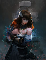 Rule 34 | 1girl, black hair, bloodstained: ritual of the night, blue eyes, breasts, brown hair, detached sleeves, erek, gauntlets, gradient hair, hair between eyes, hair ornament, highres, horns, looking at viewer, miriam (bloodstained), multicolored hair, pale skin, short hair, simple background, solo, stained glass, tattoo, weapon