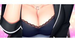 Rule 34 | 1girl, anza tomo, boku to sensei no nyuuin seikatsu, breast focus, breasts, brown hair, cleavage, female focus, game cg, head out of frame, isami moe, jacket, jewelry, large breasts, long hair, necklace, original, simple background, solo, transparent background, upper body
