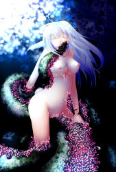 Rule 34 | rabbit tail, closed eyes, highres, nude, tail, tentacles, usagi, wet, white hair