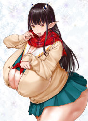 Rule 34 | 1girl, breasts, brown hair, cleavage, cleavage cutout, clothing cutout, demon girl, fangs, female focus, gigantic breasts, horns, long hair, looking at viewer, miniskirt, multicolored hair, open mouth, original, plump, profile, purple hair, scarf, school uniform, seinto (metameter), skirt, smile, solo, standing, demon girl, thick thighs, thighs, uniform, veins, veiny breasts, yellow eyes