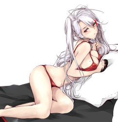 Rule 34 | 1girl, antenna hair, azur lane, bare arms, bare legs, bare shoulders, barefoot, bed, bed sheet, black ribbon, blush, bra, breasts, butt crack, cleavage, collarbone, commentary request, cross, iron cross, large breasts, lips, long hair, looking at viewer, mole, mole on breast, multicolored hair, navel, orange eyes, panties, prinz eugen (azur lane), red bra, red panties, ribbon, rizzl, sideboob, silver hair, stomach, strap pull, streaked hair, swept bangs, swimsuit, thighs, two side up, underwear, underwear only