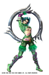 Rule 34 | 00s, 1990s (style), 1995, 1998, 1girl, 2002, 2003, 2005, 3d, absurdres, arms up, belt, blue hair, bodypaint, boots, breasts, breasts apart, chakram, company name, cross-laced clothes, dated, eiserne drossel (weapon), elbow gloves, eyelashes, eyeshadow, facepaint, facial mark, feathers, full body, fur trim, gloves, green footwear, green lips, head tilt, highres, holding, holding own arm, holding weapon, huge weapon, jewelry, kawano takuji, large breasts, leather, leather pants, legs apart, lipstick, looking at viewer, makeup, midriff, mole, mole under eye, navel, no bra, official art, pants, parted lips, purple eyes, purple gloves, retro artstyle, revealing clothes, ring, ring blade, shin guards, short hair, simple background, sleeves rolled up, solo, soul calibur, soulcalibur, soulcalibur iii, standing, thigh boots, thighhighs, tira (soulcalibur), torn clothes, underboob, weapon, white background
