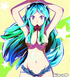 Rule 34 | 1girl, arms behind head, arms up, blue hair, blue shorts, breasts, cone horns, convenient censoring, denim, denim shorts, gradient hair, green hair, hair censor, hair over breasts, highres, horns, jet yowatari, long hair, looking at viewer, lum, medium breasts, micro shorts, mouth hold, multicolored hair, navel, no panties, open clothes, open shorts, shiny skin, shorts, sidelocks, slit pupils, solo, star (symbol), star print, stomach, two-tone hair, urusei yatsura, very long hair, yellow eyes