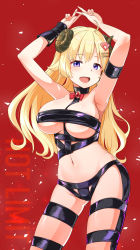Rule 34 | 1girl, :d, ahoge, armband, armpits, arms up, bare shoulders, blonde hair, breasts, brooch, choker, cleavage, contrapposto, cowboy shot, curled horns, double v, hair ornament, hairclip, highres, hololive, horns, jewelry, large breasts, latex, long hair, looking at viewer, navel, open mouth, purple eyes, red background, revealing clothes, skindentation, smile, solo, standing, stomach, tsunomaki watame, v, virtual youtuber, zaxwu