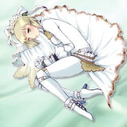 Rule 34 | 10s, 1girl, ahoge, blonde hair, bodysuit, chain, fate/extra, fate/extra ccc, fate (series), fetal position, full body, gloves, green eyes, lock, minato (leap-up), nero claudius (bride) (fate), nero claudius (fate), nero claudius (fate) (all), padlock, plantar flexion, solo