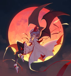 Rule 34 | 1girl, adapted costume, bat wings, black pantyhose, boots, cape, dress, flying, full body, full moon, hat, hat ribbon, highres, light purple hair, long sleeves, looking at viewer, mob cap, moon, nian (zhanian), pantyhose, pink dress, red eyes, red moon, remilia scarlet, ribbon, smile, solo, touhou, wings