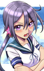 Rule 34 | 1girl, absurdres, akebono (kancolle), blush, border, crossed arms, embarrassed, flower, from above, frown, hair flower, hair ornament, highres, kantai collection, long hair, open mouth, purple hair, school uniform, side ponytail, silverchariotx, sky, solo, teeth, uniform