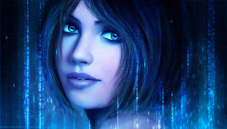 Rule 34 | 1girl, artist name, blue eyes, blue theme, close-up, cortana, halo (series), highres, lips, looking at viewer, magicnaanavi, nose, parted lips, portrait, realistic, short hair, solo