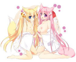 Rule 34 | 2girls, animal ears, bad id, bad pixiv id, blonde hair, blue eyes, blush, breasts, fox ears, fox tail, holding hands, large breasts, long hair, looking at viewer, mao (alepricos), multiple girls, nipples, open mouth, original, pink hair, purple eyes, small breasts, tail, very long hair