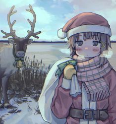 Rule 34 | 1girl, bell, belt, blush, brown belt, brown hair, closed mouth, day, hair ornament, hat, holding, holding sack, iwakura lain, looking at viewer, outdoors, red hat, red scarf, reindeer, rnfhv, sack, santa costume, santa hat, scarf, serial experiments lain, short hair, solo, x hair ornament