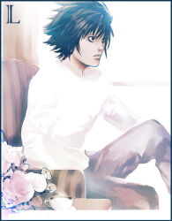Rule 34 | 00s, 1boy, bags under eyes, black eyes, black hair, bouquet, chair, cup, curtains, death note, flower, l (death note), male focus, sitting, solo, teacup, window