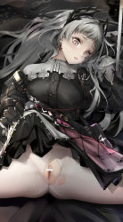 Rule 34 | 1girl, absurdres, arknights, bag, bar censor, black gloves, black jacket, black skirt, blush, breasts, censored, chain, earrings, gloves, grey eyes, head wings, highres, irene (arknights), jacket, jewelry, lifted by self, long hair, long sleeves, looking down, lying, medium breasts, miniskirt, multicolored clothes, multicolored skirt, no pants, nopetroto, on back, open mouth, pantyhose, planted, planted sword, planted weapon, purple skirt, pussy, scar, scar across eye, scar on face, shoulder bag, silver hair, skirt, solo, split, spread legs, sword, torn clothes, torn pantyhose, very long hair, weapon, white pantyhose, white skirt, wings
