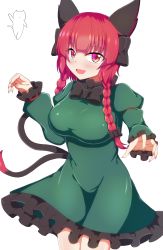 Rule 34 | 1girl, animal ears, black bow, bow, braid, breasts, cat, cat ears, cat tail, dress, fingernails, frilled dress, frills, green dress, hair bow, highres, juliet sleeves, kaenbyou rin, large breasts, long fingernails, long hair, long sleeves, looking at viewer, multiple tails, nekomata, open mouth, puffy sleeves, red eyes, red hair, seo haruto, side braids, simple background, smile, standing, tail, touhou, twin braids, two tails, white background