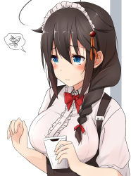 10s 1girl 3: absurdres ahoge alternate_costume black_hair blue_eyes bow bowtie braid commentary_request female_focus hair_flaps hair_ornament highres holding kantai_collection long_hair maid_headdress name_tag saku_(kudrove) shigure_(kancolle) shigure_kai_ni_(kancolle) single_braid solo sweat translation_request underbust waitress