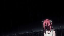 Rule 34 | 1girl, animated, animated gif, breasts, diclonius, elfen lied, horns, long hair, lowres, lucy (elfen lied), monster girl, night, pink hair, rain, red eyes, screencap, shirt, vectors, white shirt