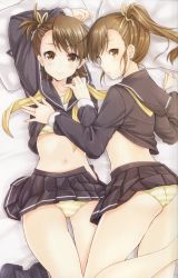 Rule 34 | 2girls, ass, bra, brown eyes, brown hair, clothes lift, courreges ace, from above, futami ami, futami mami, idolmaster, idolmaster (classic), lying, midriff, miniskirt, multiple girls, navel, on stomach, panties, pillow, pleated skirt, sailor collar, scan, scan artifacts, school uniform, shirt lift, siblings, side ponytail, sisters, skirt, skirt lift, smile, striped clothes, striped panties, twins, underwear, unzipped, yellow panties
