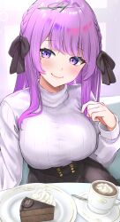 Rule 34 | 1girl, black ribbon, black skirt, blush, braid, breasts, cake, coffee, coffee cup, cup, disposable cup, food, french braid, hair ribbon, highres, indie virtual youtuber, large breasts, long hair, long sleeves, looking at viewer, mole, mole under eye, otsuka ray, plate, pleated skirt, prsdubstep, purple eyes, purple hair, ribbed sweater, ribbon, signature, skirt, smile, solo, spoon, sweater, turtleneck, turtleneck sweater, virtual youtuber, whipped cream, white sweater