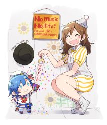 Rule 34 | 2girls, :d, ^ ^, black headwear, blue eyes, blue hair, blue legwear, blue skirt, blush stickers, bow, bowtie, braid, brown hair, character name, closed eyes, confetti, confetti ball, dated, dorothy west, fang, flower, grey footwear, grey hat, grey vest, happy birthday, hat, hat ribbon, highres, iris (band), long hair, multiple girls, open mouth, party hat, pretty series, pripara, red neckwear, red ribbon, ribbon, sailor hat, shibuya azuki, short sleeves, side braid, skin fang, skirt, smile, song name, squatting, star (symbol), striped, sunflower, taneda yuuta, tiptoes, vest, voice actor, voice actor connection, yellow neckwear