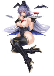 Rule 34 | 1girl, absurdres, aokuma (yuuran create), black gloves, blue hair, boots, breasts, champagne coupe, character request, commentary request, cup, detached collar, drinking glass, epic seven, flower, full body, gloves, hair flower, hair ornament, hand on own chest, high heel boots, high heels, highres, holding, holding tray, large breasts, leotard, long hair, looking at viewer, low wings, nontraditional playboy bunny, pointy ears, red eyes, solo, strapless, strapless leotard, thigh boots, tongue, tongue out, tray, very long hair, white background, wings