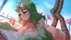 Rule 34 | 1girl, ass, beach, beach umbrella, bird legs, blurry, blurry background, book, breasts, cleavage, coke-bottle glasses, drink, drinking straw, erochi, eyewear on head, feathered wings, feathers, glass, glasses, green feathers, green hair, green wings, harpy, highres, large breasts, long hair, lying, monet (one piece), monster girl, nude, on stomach, one piece, reading, solo, tan, tanline, umbrella, winged arms, wings, yellow eyes