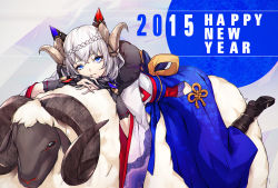 Rule 34 | 10s, 1girl, 2015, bad id, bad pixiv id, blue eyes, happy new year, horns, long hair, looking at viewer, lying, neco, new year, on stomach, original, riding, sheep, sheep horns, silver hair