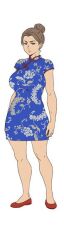 Rule 34 | 1girl, blue dress, breasts, brown hair, bun, china dress, chinese clothes, cropped, dress, expressionless, full body, hair bun, ichan-desu, large breasts, lin zanova (sgt crisis), original, red footwear, sgt crisis, short sleeves, simple background, single hair bun, solo, tagme, white background