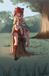 Rule 34 | 1girl, absurdres, animal hood, boots, brown cape, brown footwear, brown shorts, cape, chubb, closed mouth, day, eris greyrat, full body, grass, highres, hood, hooded cape, knee boots, knee up, long hair, long sleeves, looking to the side, mushoku tensei, outdoors, red eyes, red hair, shirt, shorts, sitting, solo, tree, tree stump, white shirt