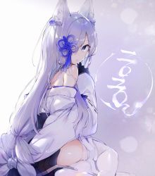 Rule 34 | 1girl, 2020, animal ear fluff, animal ears, azur lane, bare shoulders, black gloves, black skirt, blue eyes, expressionless, flower knot, fox ears, gloves, gradient background, hair ornament, hair over one eye, highres, japanese clothes, kasumi (azur lane), long hair, long sleeves, looking at viewer, looking back, nontraditional miko, off shoulder, silver hair, sitting, skirt, solo, translated, very long hair, white legwear, yatsuha (hachiyoh)