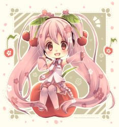 Rule 34 | 1girl, bad id, bad pixiv id, boots, cherry, chibi, detached sleeves, food, fruit, hatsune miku, headset, long hair, looking at viewer, necktie, nemurou, open mouth, outstretched arm, pink footwear, pink hair, red eyes, sakura miku, sitting, skirt, solo, thighhighs, twintails, very long hair, vocaloid