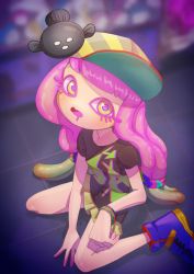 Rule 34 | 1girl, baseball cap, between legs, black shirt, blue eyes, blurry, blurry background, bracelet, clownfish, colored eyelashes, drooling, fish, from above, gashapon, gashapon machine, gradient hair, green eyes, green hair, green skirt, hand between legs, harmony&#039;s clownfish (splatoon), harmony (splatoon), hat, highres, jewelry, long hair, miniskirt, mis705313, multicolored clothes, multicolored eyes, multicolored hair, multicolored headwear, nintendo, no eyebrows, no nose, open mouth, orange hair, oversized clothes, oversized shirt, pink hair, pink pupils, pleated skirt, purple footwear, shirt, shoes, shop, short sleeves, sideways hat, sitting, skirt, sneakers, splatoon (series), splatoon 3, striped clothes, striped headwear, tentacle hair, tile floor, tiles, tropical fish