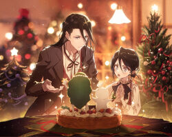 Rule 34 | &gt;:), + +, 1boy, 1girl, black bow, black bowtie, black eyes, black hair, black ribbon, black suit, bleach, blush, bow, bowtie, box, breasts, brother and sister, cake, christmas, christmas star, christmas tree, earrings, eyelashes, food, formal, fruit, gift, gift box, hair between eyes, highres, indoors, jewelry, kieta, kuchiki byakuya, kuchiki rukia, light, long hair, long sleeves, looking at another, looking at food, medium hair, nose, open hand, open mouth, own hands together, ribbon, shadow, shirt, siblings, sidelocks, small breasts, smile, sparkle, sparkling eyes, strawberry, stud earrings, suit, surprised, table, v-shaped eyebrows, white shirt, wide-eyed