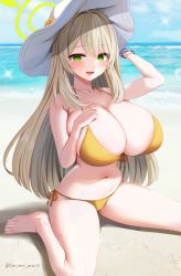 Rule 34 | 1girl, :d, barefoot, bikini, blonde hair, blue archive, blush, breasts, cleavage, collarbone, commentary, green eyes, halo, hat, huge breasts, looking at viewer, marota, navel, nonomi (blue archive), nonomi (swimsuit) (blue archive), ocean, open mouth, outdoors, parted lips, side-tie bikini bottom, sideboob, sitting, smile, solo, swimsuit, thighs, twitter username, wariza, water, white hat, yellow bikini
