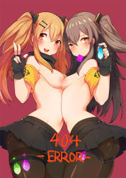 Rule 34 | 2girls, :d, arched back, armband, ass, asymmetrical docking, black gloves, black pantyhose, black skirt, blush, breast press, breasts, brown hair, condom, condom in mouth, condom wrapper, detached collar, fingerless gloves, from side, girls&#039; frontline, gloves, hair ornament, hairclip, long hair, looking at viewer, looking to the side, medium breasts, miniskirt, mou tama maru, mouth hold, multiple condoms, multiple girls, navel, open mouth, pantyhose, pleated skirt, purple background, red eyes, round teeth, scar, scar across eye, scar on face, siblings, sidelocks, simple background, sisters, skirt, small breasts, smile, stomach, straight hair, teeth, thigh strap, thighband pantyhose, topless, twins, twintails, two side up, ump45 (girls&#039; frontline), ump9 (girls&#039; frontline), used condom, v, yellow eyes