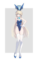 Rule 34 | 1girl, absurdres, animal ears, arume ad, bare shoulders, blonde hair, blue archive, blue eyes, blue hair, bow, bowtie, breasts, cleavage, covered navel, detached collar, expressionless, fake animal ears, full body, hair ribbon, halo, hand on own chest, high heels, highres, leotard, long hair, looking at viewer, medium breasts, multicolored hair, official alternate costume, playboy bunny, rabbit ears, ribbon, solo, strapless, strapless leotard, streaked hair, thigh gap, thighhighs, toki (blue archive), toki (bunny) (blue archive), v, white thighhighs, white wrist cuffs, wrist cuffs