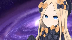 Rule 34 | 1girl, :o, abigail williams (fate), black bow, black dress, black hat, blonde hair, blue eyes, blush, bow, dress, fate/grand order, fate (series), forehead, galaxy, hair bow, hand up, hat, long hair, long sleeves, looking at viewer, orange bow, parted bangs, parted lips, polka dot, polka dot bow, shiming liangjing, sleeves past fingers, sleeves past wrists, solo, very long hair
