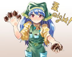 Rule 34 | 1girl, absurdres, apron, blue hair, blush, chestnut, dress, dual wielding, food, green apron, green headwear, grin, gunnjou yosio, haniyasushin keiki, head scarf, highres, holding, holding food, jewelry, long hair, looking at viewer, magatama, magatama necklace, necklace, nut (food), open mouth, pocket, red eyes, smile, solo, teeth, touhou, translated, yellow dress