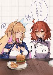 2girls 710_ao ^^^ archetype_earth arcueid_brunestud blonde_hair blue_gloves breasts burger closed_eyes fate/grand_order fate_(series) food fork fujimaru_ritsuka_(female) fujimaru_ritsuka_(female)_(decisive_battle_chaldea_uniform) gloves grid_background highres holding holding_fork large_breasts long_hair medium_hair multiple_girls plate potato_wedges red_hair simple_background sitting speech_bubble sweat talking thought_bubble translation_request white_background yellow_eyes