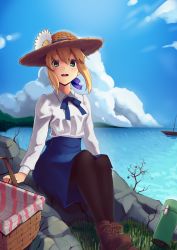 Rule 34 | 1girl, absurdres, artoria pendragon (all), artoria pendragon (fate), black pantyhose, blonde hair, blue ribbon, blue skirt, blue sky, blush, boa (brianoa), boat, brown footwear, cloud, cloudy sky, commentary, day, fate/stay night, fate (series), flower, green eyes, hair between eyes, hair ribbon, hat, hat flower, highres, legs together, long sleeves, looking at viewer, neck ribbon, ocean, outdoors, pantyhose, parted lips, picnic basket, ribbon, saber (fate), shirt, shoes, short hair, sitting, skirt, sky, smile, solo, straw hat, sunflower, thermos, watercraft, white shirt