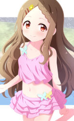Rule 34 | 1girl, aoba kokona, bare arms, bare shoulders, barefoot, bikini, blush, braid, braided bangs, breasts, brown hair, closed mouth, commentary request, flower, forehead, hair flower, hair ornament, hairclip, looking at viewer, navel, parted bangs, partial commentary, pink bikini, red eyes, small breasts, smile, soles, solo, sui. (ayase), swimsuit, yama no susume, yellow flower