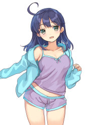 Rule 34 | 1girl, ahoge, alternate costume, aqua jacket, blue hair, blush, breasts, cleavage, commentary request, grey eyes, jacket, kantai collection, long hair, long sleeves, medium breasts, mitsuyo (mituyo324), open clothes, open jacket, parted lips, purple shorts, purple tank top, shorts, simple background, solo, tank top, ushio (kancolle), white background