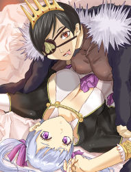 Rule 34 | 2girls, bed, black clover, black hair, breasts, closed mouth, dress, eyepatch, grey hair, highres, large breasts, long hair, multiple girls, noelle silva, open mouth, purple eyes, red eyes, short hair, tagme, tiara, tongue, tongue out, tukemen gyokai, twintails, vanica zogratis