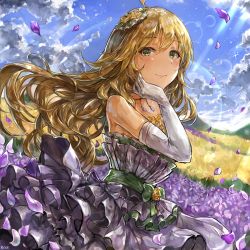 Rule 34 | 1girl, ahoge, artist name, blonde hair, blue sky, chan1moon, cloud, day, dress, elbow gloves, floating hair, flower, gloves, grey dress, hair ornament, highres, hoshii miki, idolmaster, idolmaster (classic), idolmaster million live!, idolmaster million live! theater days, layered dress, lens flare, long hair, looking at viewer, outdoors, petals, purple flower, sky, solo, sparkle, striped clothes, striped dress, sunlight, very long hair, white gloves