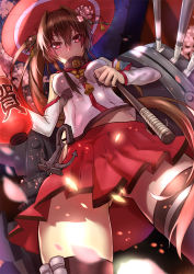 Rule 34 | 10s, 1girl, brown hair, censored, cherry blossoms, convenient censoring, flower, hair ornament, highres, kantai collection, long hair, looking down, oil-paper umbrella, personification, ponytail, red eyes, sa (h28085), smile, solo, thighhighs, umbrella, yamato (kancolle)