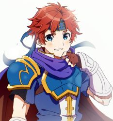 Rule 34 | 1boy, armor, blue eyes, blue headband, brown gloves, cape, elbow gloves, fingerless gloves, fire emblem, fire emblem: the blazing blade, gauntlets, gloves, headband, highres, looking at viewer, male focus, nintendo, purple scarf, red hair, roy (fire emblem), scarf, sephikowa, short sleeves, simple background, smile, solo, upper body, white background
